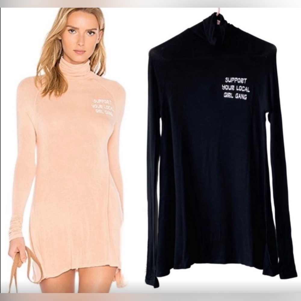 Dolls Kill Peach & Black Turtleneck Mini Dress with Chest Slogan